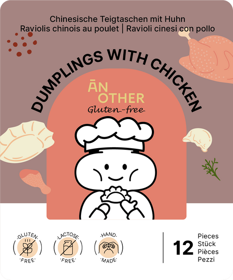 Design der Verpackung für glutenfreie Teigtaschen Jiaozi mit Poulet (8 Stück)